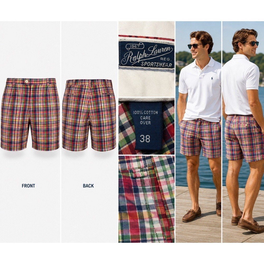 Vtg‎ Polo Ralph Lauren Men's 38 Madras Plaid Shorts Old Money Preppy Golf Summer